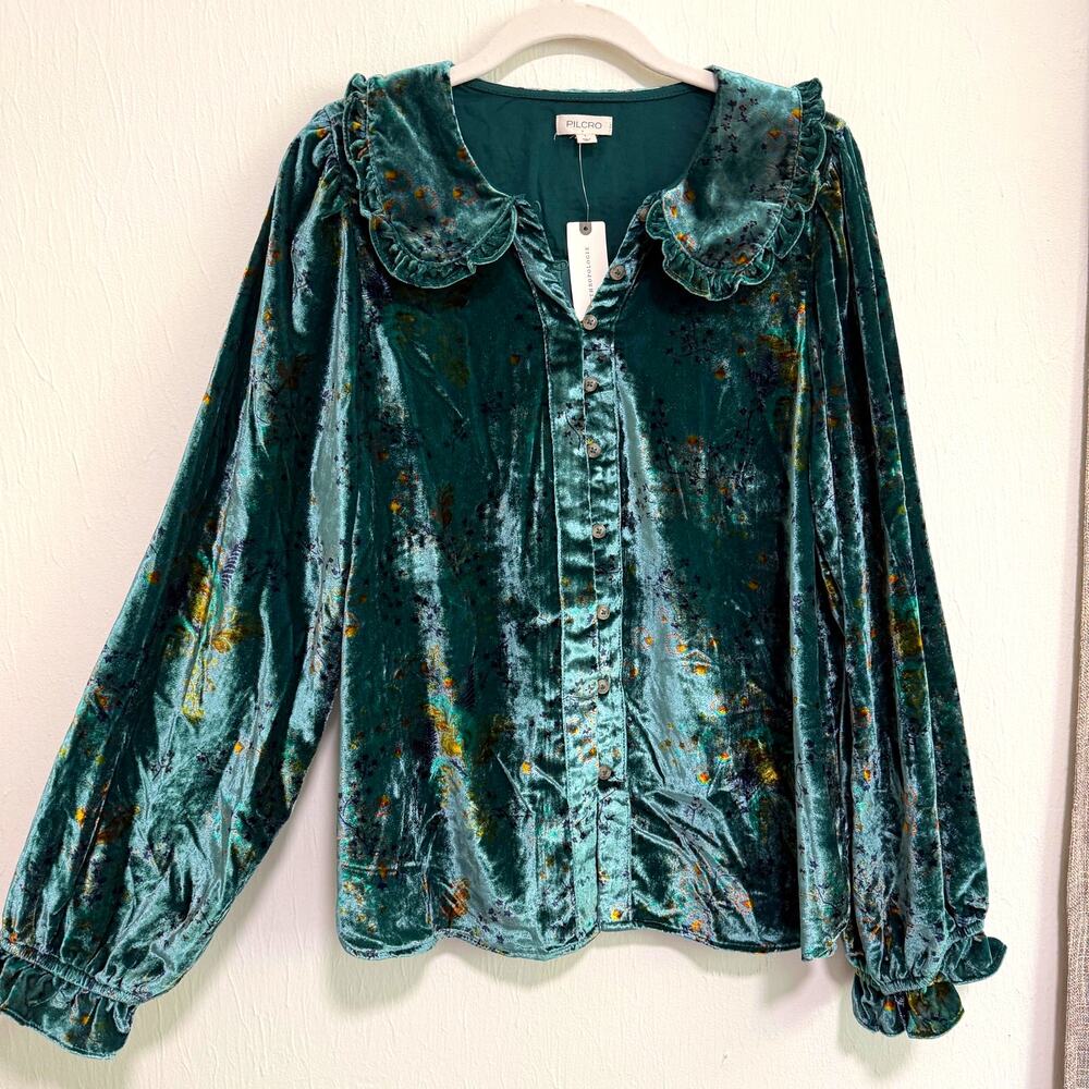 Pilcro Anthropologie Keira Velvet Blouse L Green Peter Pan Collar Puff Sleeve